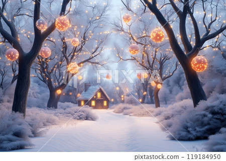 Enchanting winter forest with glowing orbs hanging from twisted trees and cozy cottage. Magical winter scene concept Enchanting winter forest with glowing orbs hanging from twisted trees and cozy cottage. Magical winter scene concept 119184950