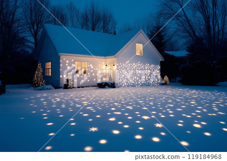 Snow-covered house decorated with festive lights, creating warm ambiance. Nighttime setting with trees in the background Snow-covered house decorated with festive lights, creating warm ambiance. Nighttime setting with trees in the background 119184968