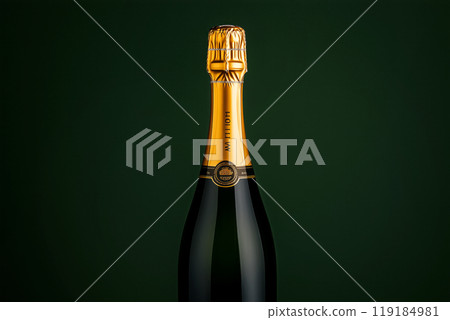 Champagne bottle with golden foil on dark background. Concept of celebration and sophistication 119184981