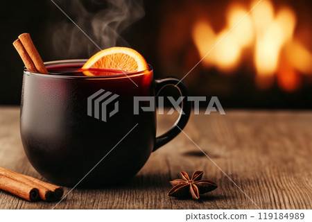 Mulled wine, a warm drink with oranges and spices arranged on a soft green background, evoking a cozy winter concept 119184989