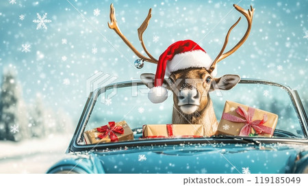 Northern cute Reindeer in Santa Claus hat 119185049