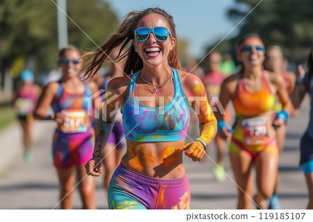 Colorful participants joyfully run in a vibrant fun run event during the summer 119185107
