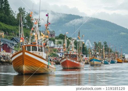 Colorful fishing boats adorned with flags in a serene harbor at dawn 119185120