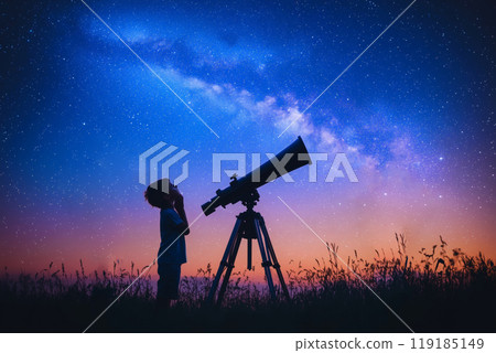Kids stargazing with telescopes under a dazzling night sky 119185149