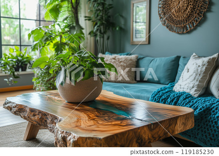 Cozy living room with a stylish wooden coffee table and lush greenery 119185230