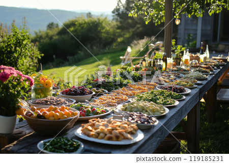 A vibrant farmers market teeming with fresh produce on a sunny afternoon A vibrant farmers market teeming with fresh produce on a sunny afternoon 119185231