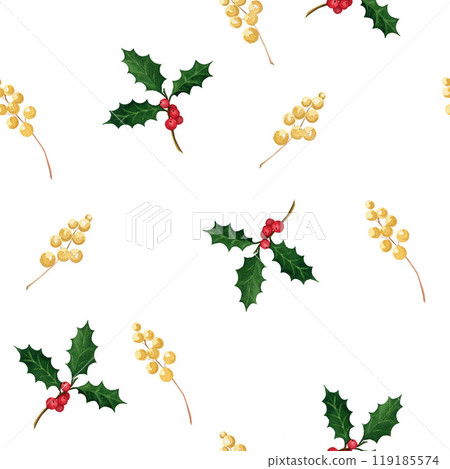 Seamless watercolor pattern with holly, holly berries and mistletoe. Handmade watercolor illustration on white background. For wrapping paper, textile 119185574