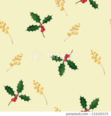 Seamless watercolor pattern with holly, holly berries and mistletoe. Handmade watercolor illustration on yellow background. For wrapping paper 119185575