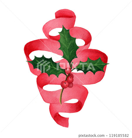 A holly branch with red holly berries on ribbon. Hand drawn watercolor isolated element on a white background for greeting cards, postcards, design 119185582