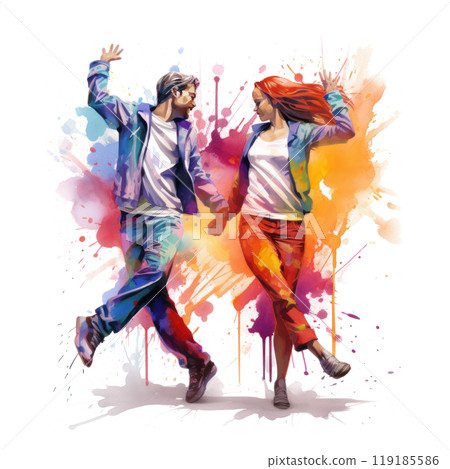 watercolor break dancing couple with colorful spots and splashes on white background 119185586