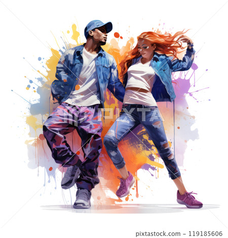 watercolor break dancing couple with colorful spots and splashes on white background 119185606