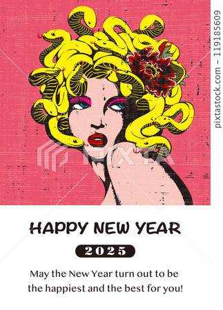 2025年新年賀卡模板《石版畫風格設計》新年快樂圖案附英文註釋 119185609