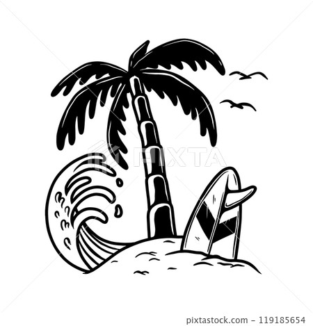 Illustration of palm with wave and surfing deck. Vector illustration Illustration of palm with wave and surfing deck. Vector illustration 119185654