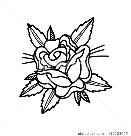 Illustration of rose in tattoo style. Design element for logo, label ,sign, poster. Vector illustration 119185655