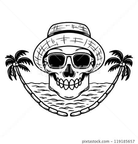 Illustration of skull in straw hat and sunglasses. Summer theme. Design element for poster, card, banner, emblem, sign. Vector illustration 119185657