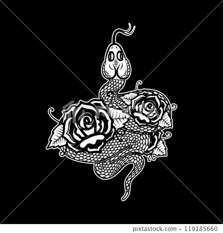 Snake on the background with roses. Design element for poster, t shirt, card, banner. Vector illustration Snake on the background with roses. Design element for poster, t shirt, card, banner. Vector illustration 119185660