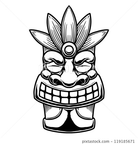 Illustration of tiki idol in monochrome style. Design element for poster, card, banner, emblem, sign. Vector illustration 119185671