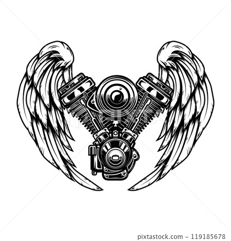 Illustration of twin engine with wings in engraving style. Design element for poster, card, banner, sign, emblem. Vector illustration Illustration of twin engine with wings in engraving style. Design element for poster, card, banner, sign, emblem. Vector illustration 119185678