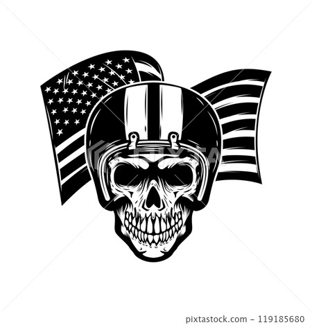 Racer skull on usa flag background. Biker skull. Design element for poster, card, banner, sign. Vector illustration Racer skull on usa flag background. Biker skull. Design element for poster, card, banner, sign. Vector illustration 119185680