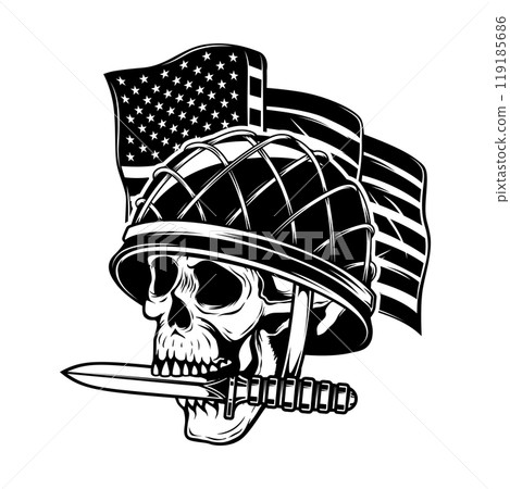 Skull in army helmet on usa flag background. Soldier skull. Design element for poster, card, banner, sign. Vector illustration Skull in army helmet on usa flag background. Soldier skull. Design element for poster, card, banner, sign. Vector illustration 119185686