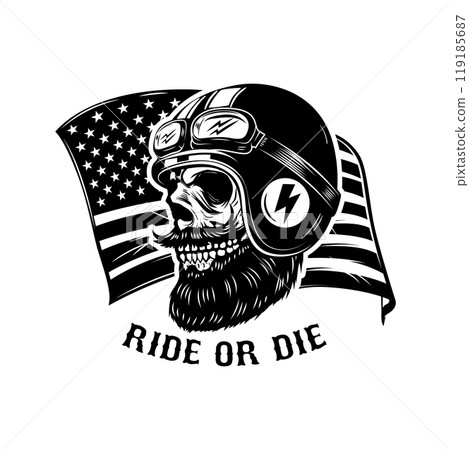 Racer skull on usa flag background. Biker skull. Design element for poster, card, banner, sign. Vector illustration Racer skull on usa flag background. Biker skull. Design element for poster, card, banner, sign. Vector illustration 119185687