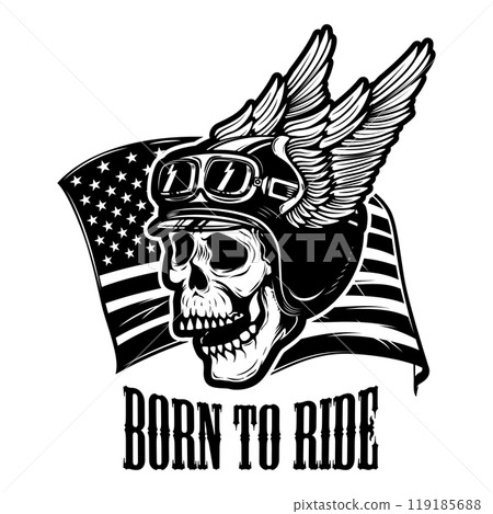 Racer skull on usa flag background. Biker skull. Design element for poster, card, banner, sign. Vector illustration 119185688