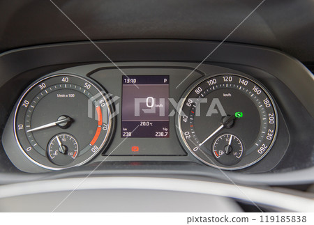 Modern car interior dashboard closeup. Modern car interior dashboard closeup. 119185838