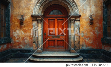 A weathered wooden door in a historic building 119185855