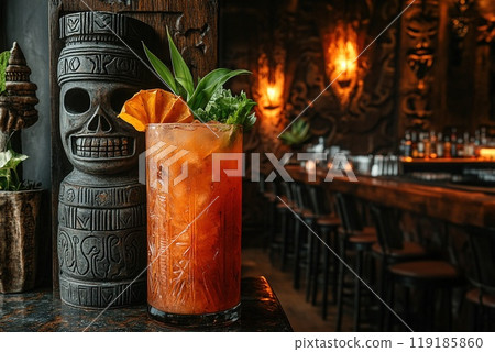 Zombie cocktail in a dimly lit tiki bar 119185860