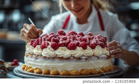 Pastry chef decorating a cake in a boutique bakery 119185908