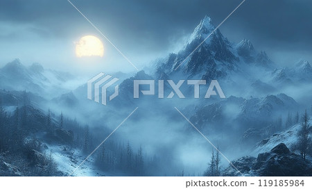 Misty mountain range at dawn 119185984