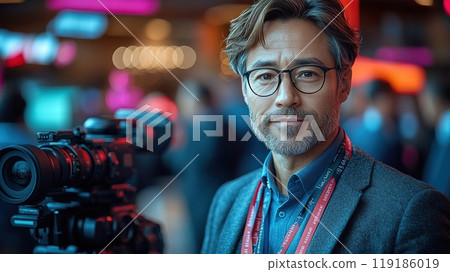 Seasoned journalist reporting live from a major economic forum 119186019