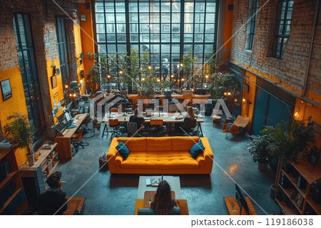 Innovative start-up team engaged in creative brainstorming in a modern co-working space. 119186038