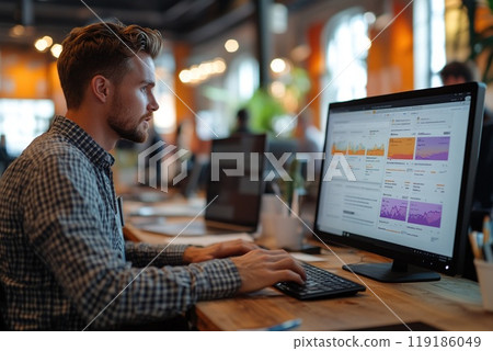 Software sales team enthusiastically demonstrating the latest enterprise solutions. 119186049