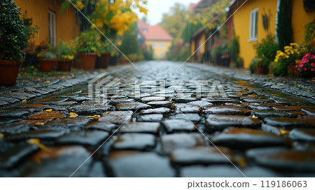 Worn cobblestone street in historic town 119186063
