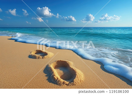 Gentle footprints in the sand leading towards the ocean 119186100