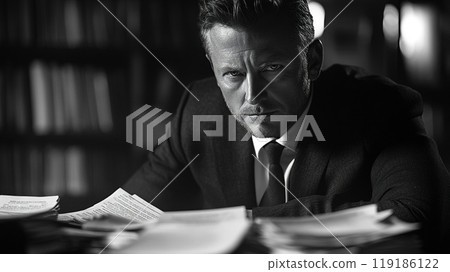 Corporate lawyer meticulously poring over contracts 119186122