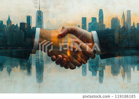 Powerful business handshake captured against the backdrop of a soaring metropolitan skyline. Powerful business handshake captured against the backdrop of a soaring metropolitan skyline. 119186185