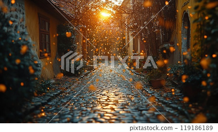 A cobblestone alleyway in an old European town A cobblestone alleyway in an old European town 119186189