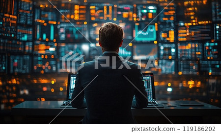 Investment banker analyzing global markets on a vast array of digital screens. 119186202