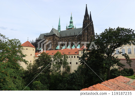 St. Vitus Cathedral Towering Above Prague's Historic Landscape St. Vitus Cathedral Towering Above Prague's Historic Landscape 119187235