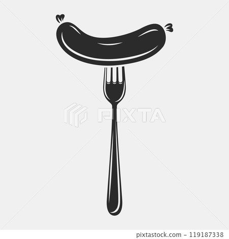 Flat Vector Cartoon Sausage on Fork with Outline Closeup Isolated on White Background. Vector Food Illustration for Menu, BBQ, and Culinary Design 119187338