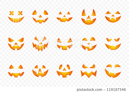 Jack-o-Lantern Faces Collection for Halloween Pumpkin Carving, Colorful Halloween Pumpkin Faces. Jack-o-Lantern Design, Halloween Face Icon Set. Jack-o-Lantern Illustrations for Halloween Decor Jack-o-Lantern Faces Collection for Halloween Pumpkin Carving, Colorful Halloween Pumpkin Faces. Jack-o-Lantern Design, Halloween Face Icon Set. Jack-o-Lantern Illustrations for Halloween Decor 119187346