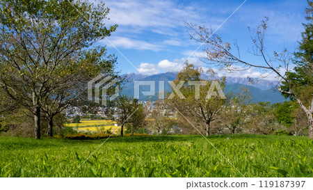 Clear skies and the Northern Alps mountain range, Omachi City, Nagano Prefecture Clear skies and the Northern Alps mountain range, Omachi City, Nagano Prefecture 119187397