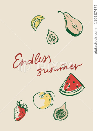 Vector motivation poster with Mediterranean fruit and handwritten short phrase. Hand-drawn vintage card with pear, fig, lemon, strawberry and apple. Tasty food for design, print, fabric or background. Vector motivation poster with Mediterranean fruit and handwritten short phrase. Hand-drawn vintage card with pear, fig, lemon, strawberry and apple. Tasty food for design, print, fabric or background. 119187475