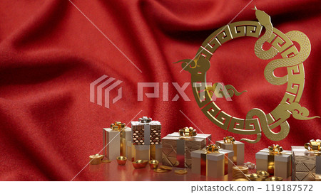 The gold snake and gift box for Chinese new year concept 3d rendering. The gold snake and gift box for Chinese new year concept 3d rendering. 119187572