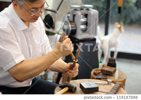 Gyeongsangnam-do, Jinju-si, Republic of Korea, October 11, 2024: Mr. Kim Myeong-su, the CEO of Jeonggeumgil Metalworking, is a person who lends gold to film companies. Gyeongsangnam-do, Jinju-si, Republic of Korea, October 11, 2024: Mr. Kim Myeong-su, the CEO of Jeonggeumgil Metalworking, is a person who lends gold to film companies. 119187898