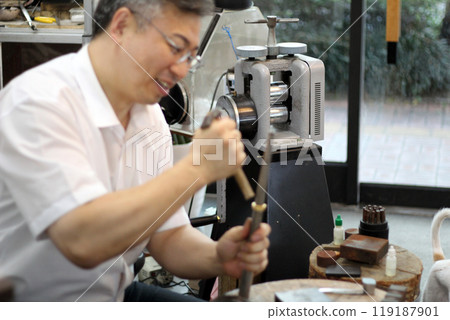Gyeongsangnam-do, Jinju-si, Republic of Korea, October 11, 2024: Mr. Kim Myeong-su, the CEO of Jeonggeumgil Metalworking, is a person who lends gold to film companies. 119187901