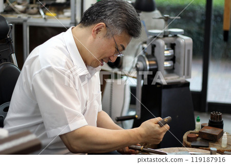 Gyeongsangnam-do, Jinju-si, Republic of Korea, October 11, 2024: Mr. Kim Myeong-su, the CEO of Jeonggeumgil Metalworking, is a person who lends gold to film companies. 119187916