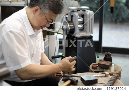 Gyeongsangnam-do, Jinju-si, Republic of Korea, October 11, 2024: Mr. Kim Myeong-su, the CEO of Jeonggeumgil Metalworking, is a person who lends gold to film companies. 119187924